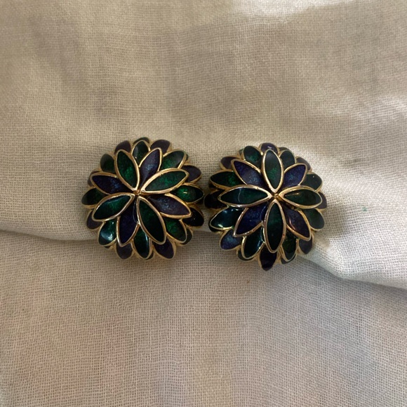 Erwin Pearl Blue & Green Enameled Vintage Clip on‎ Earrings - Picture 3 of 8
